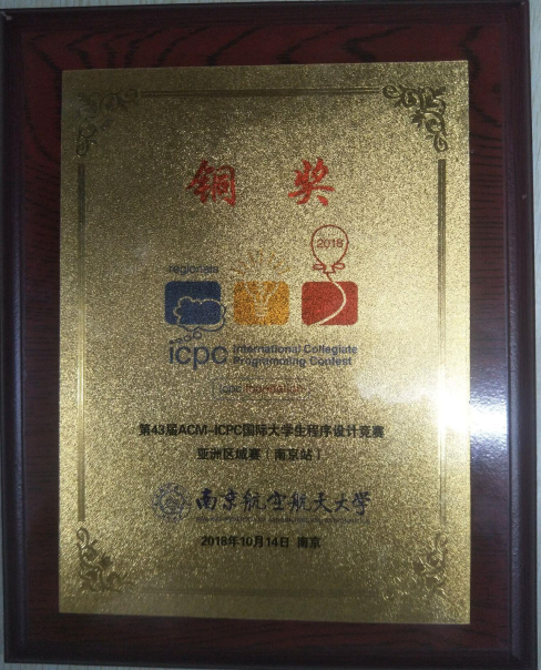 图 1第43届ACM-ICPC亚洲区域赛南京站竞赛铜奖奖牌
